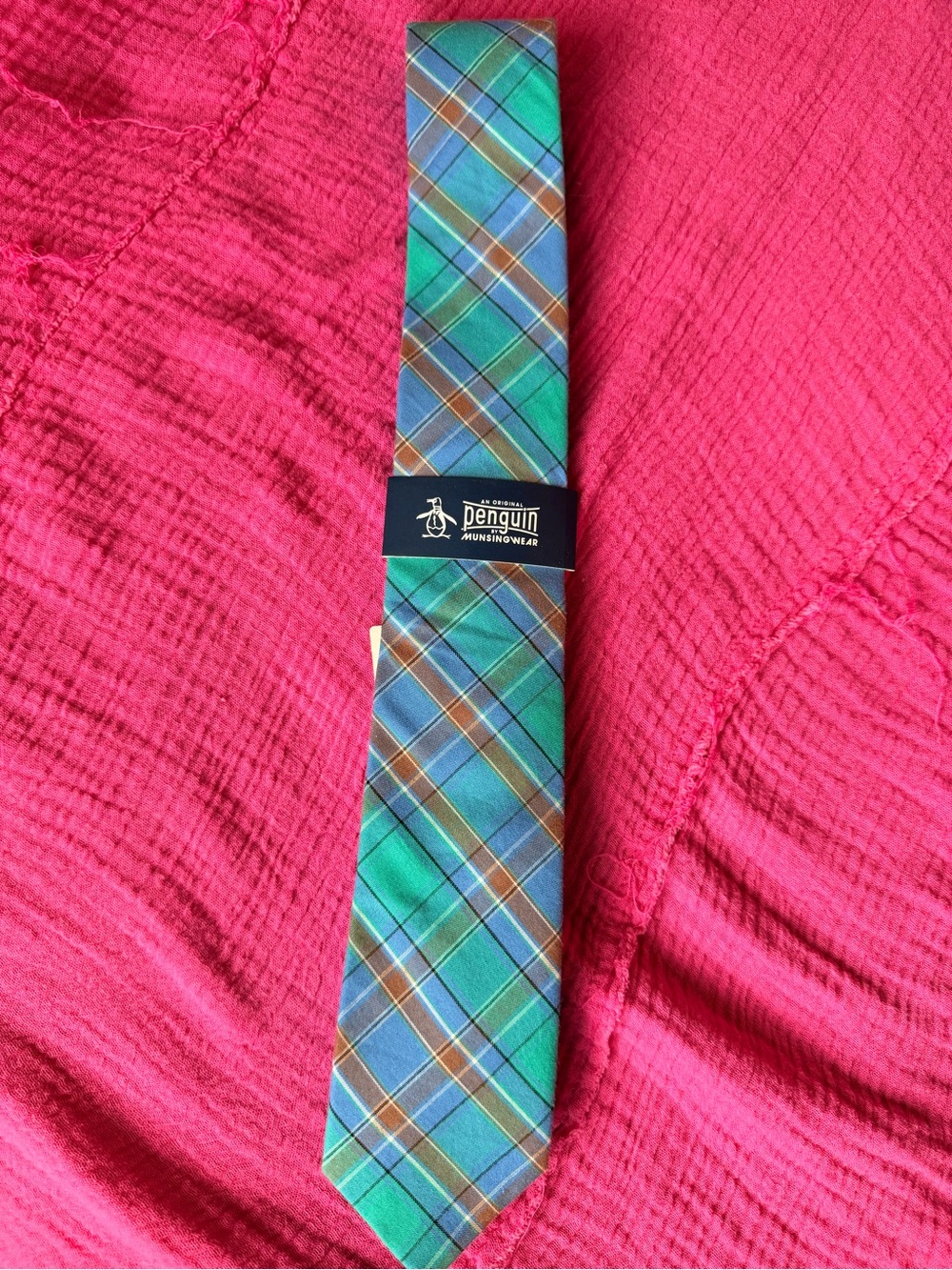 Penguin Blue Teal Orange Plaid Tie NWT